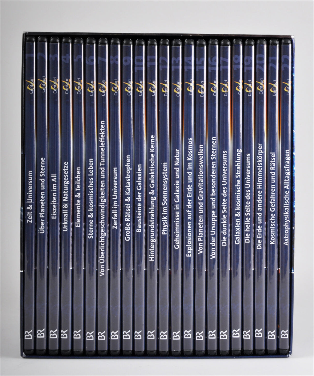 Buchreihe mit 20 Bänden, Titel und Untertitel zu Astronomie und Kosmos.