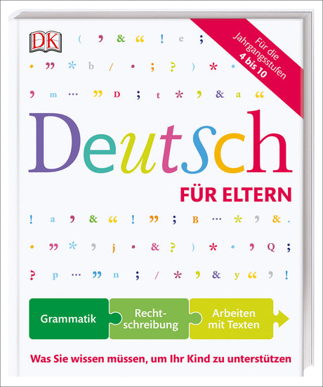 Buchcover mit Titel "Deutsch für Eltern", bunte Buchstaben, rote Ecke mit "Für die Jahrgangsstufen 4 bis 10"