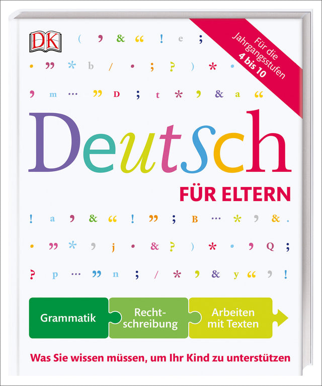 Buchcover mit Titel "Deutsch für Eltern", bunte Buchstaben, rote Ecke mit "Für die Jahrgangsstufen 4 bis 10"