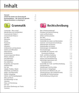 Inhaltsverzeichnis mit Kapiteln zu Grammatik und Rechtschreibung, inklusive Seitenzahlen.