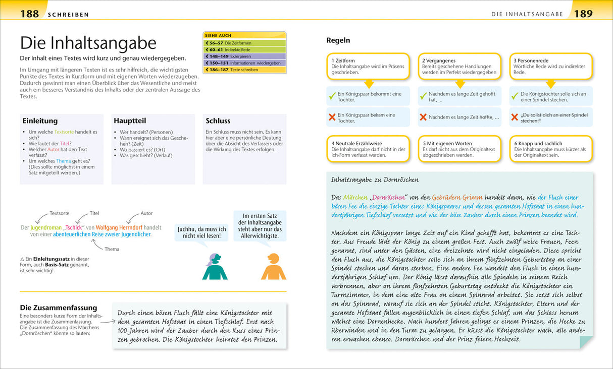 Textseite mit Überschriften, Textblöcken, farbigen Markierungen, Illustrationen und einem Textkasten.