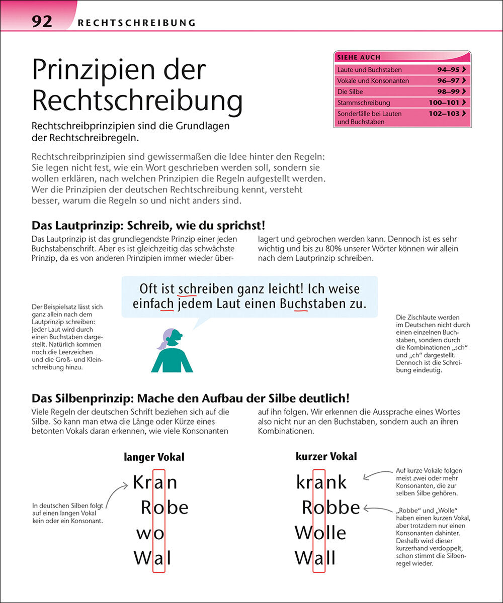 Seite aus einem Buch mit Text über Prinzipien der deutschen Rechtschreibung, inklusive Beispielen für Laut- und Silbenprinzip.