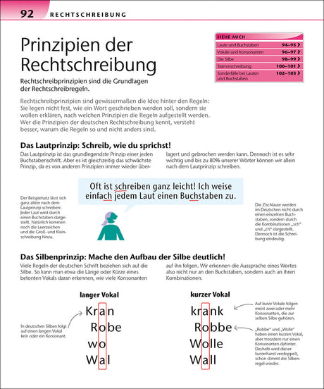 Seite aus einem Buch mit Text über Prinzipien der deutschen Rechtschreibung, inklusive Beispielen für Laut- und Silbenprinzip.