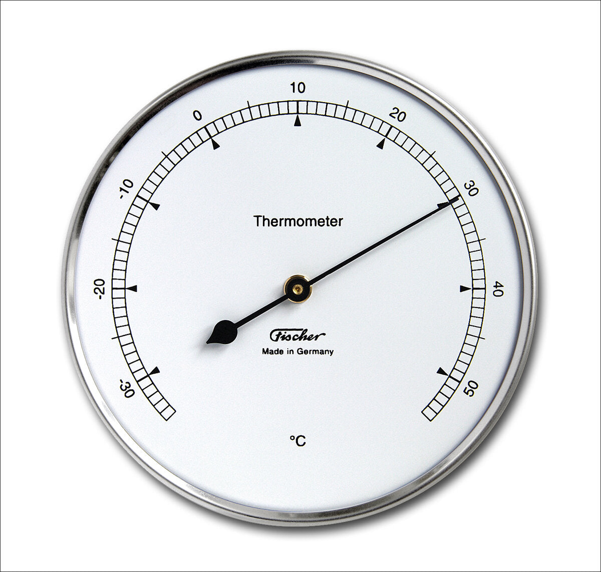 Runder Thermometer mit weißem Zifferblatt, schwarzem Zeiger, Messskala von -30 bis 50°C, Marke "Fischer"