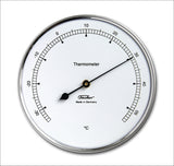 Runder Thermometer mit weißem Zifferblatt, schwarzem Zeiger, Messskala von -30 bis 50°C, Marke "Fischer"