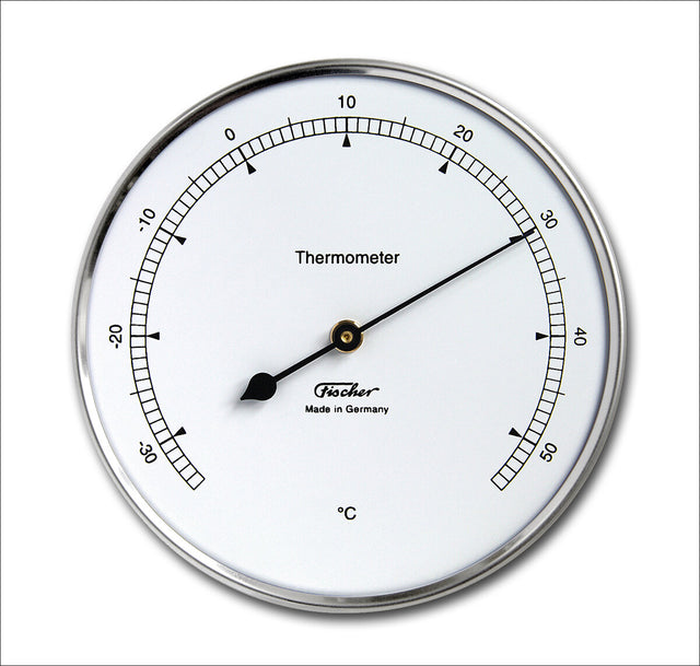 Runder Thermometer mit weißem Zifferblatt, schwarzem Zeiger, Messskala von -30 bis 50°C, Marke "Fischer"