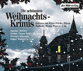 Schneebedecktes Haus mit beleuchteten Fenstern, Weihnachtssterne und Tannenzweige mit roten Beeren.