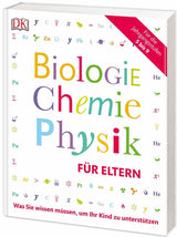 Buchcover mit bunten Buchstaben und wissenschaftlichen Symbolen, Titel "Biologie, Chemie, Physik für Eltern".