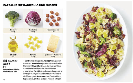 Bunter Farfalle-Nudelsalat mit Brokkoli, Radicchio, Haselnüssen, Parmesan und Olivenöl auf einem weißen Teller.