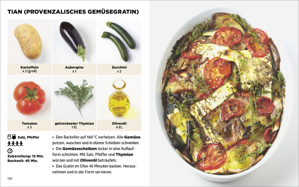 Bilder von Zutaten für Provenzalisches Gemüsegratin und das fertige Gericht in einer Auflaufform.