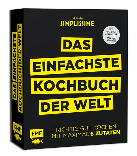 Buchcover mit schwarzem Hintergrund, gelber und schwarzer Schrift, Titel: "Das Einfachste Kochbuch der Welt".