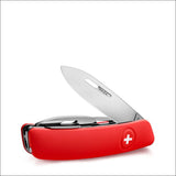 Rotes Taschenmesser mit Schweizer Kreuz-Symbol, offen mit sichtbarem Messer.