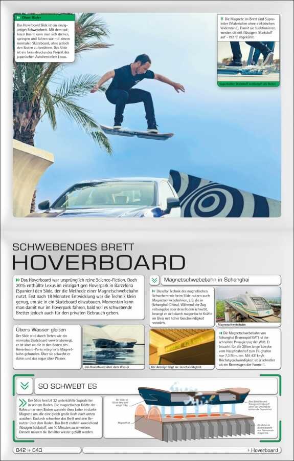 Ein junger Mann springt auf einem Hoverboard über ein Auto, neben einer Palme und einem Gebäude.