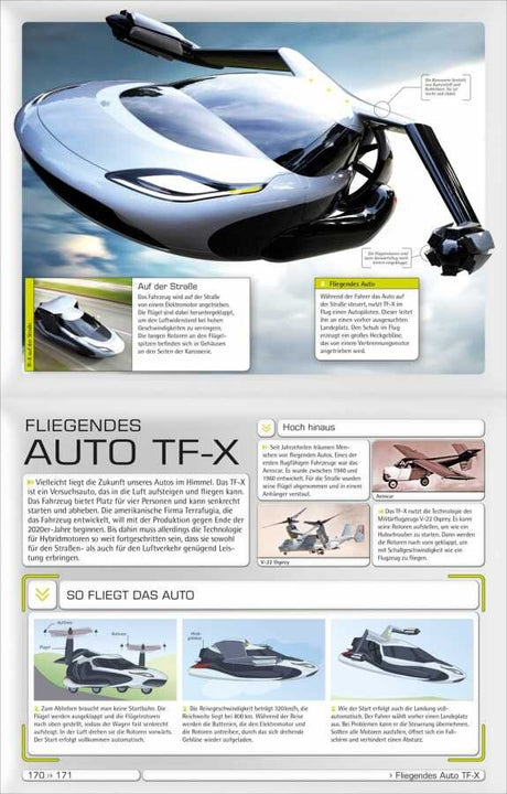 Ein futuristisches, fliegendes Auto mit Flügeln und Propeller, das über Wasser und Land fliegen kann.