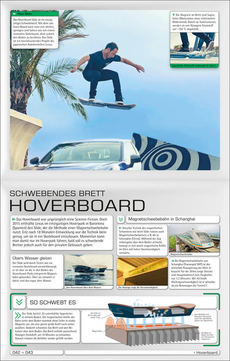 Mann springt auf Hoverboard über ein Auto, neben Palmen und einem blauen Himmel.