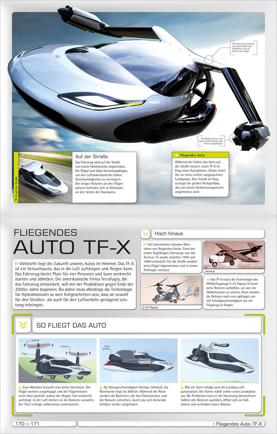 Ein futuristisches, silbernes Flugauto mit schwarzen Elementen, Flügeln und Cockpit.