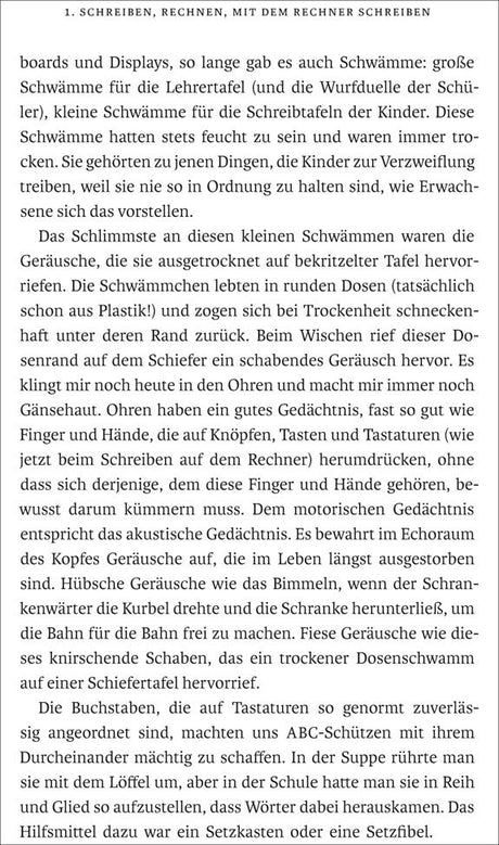 Seitenabschnitt mit Text über Schwämme, Geräusche, Gedächtnis, Buchstaben, Tastaturen und Schulmaterialien.