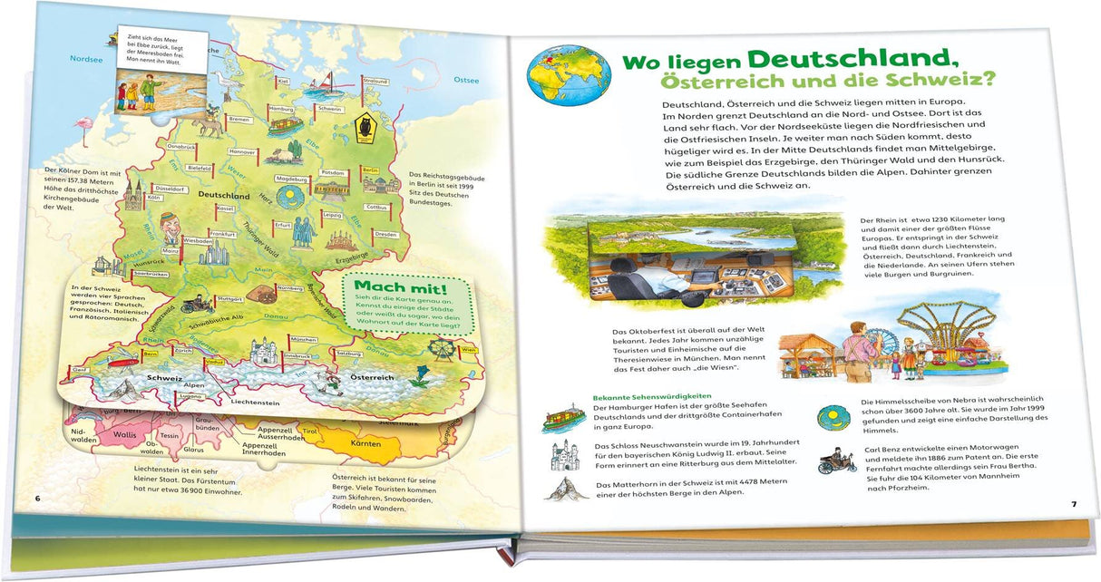 Doppelseite mit Karte von Deutschland, Österreich und Schweiz, sowie Text und Illustrationen zu Sehenswürdigkeiten und Fakten.