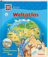 Weltatlas für Kinder, zeigt eine Weltkarte mit Tieren, Gebäuden und einem Mann auf einem Kamel vor Pyramiden.