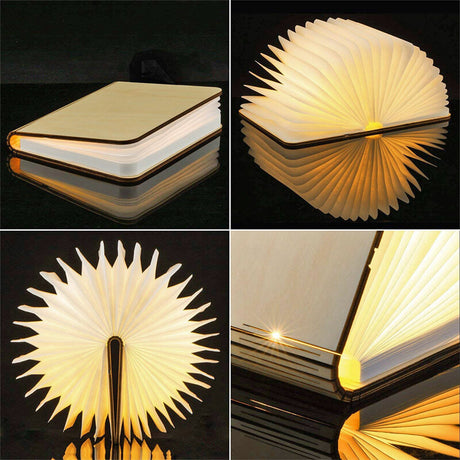 Buch mit beleuchteten, papierartigen Seiten in verschiedenen geöffneten und geschlossenen Positionen.