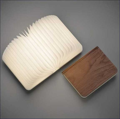 Leuchtendes Buch-Design mit weißen, gewölbten Seiten und Holzoptik auf der Rückseite.