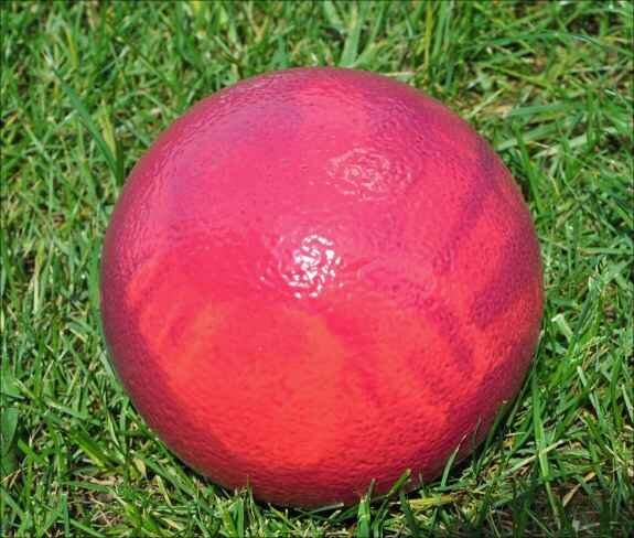 Rote, runde Frucht mit glatter Oberfläche auf Gras.