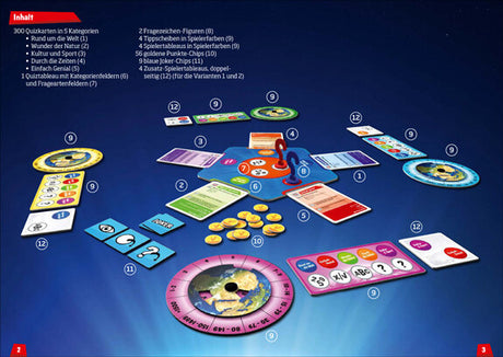 Brettspiel mit Karten, Spielsteinen, Münzen, Spielplan und Figuren auf blauer Oberfläche.
