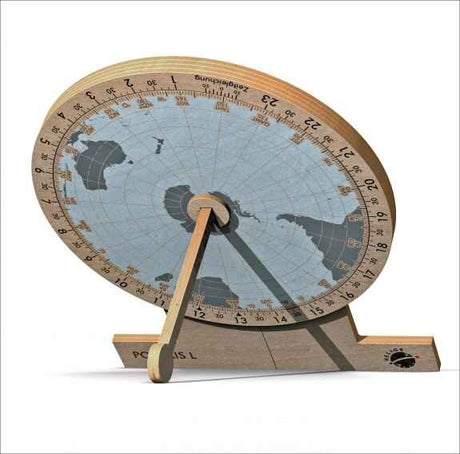 Weltzeitmesser mit Weltkarte, Zeiger zeigt auf die Zeitzone.