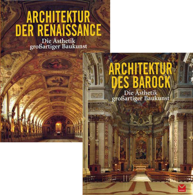 Zwei Buchcover, eines zeigt eine barocke Kirche mit goldverzierten Decken, das andere eine barocke Kapelle mit Altar und Gemälden.
