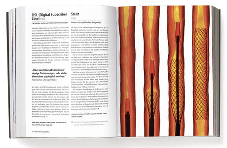 Seiten eines Buchs mit Text über Stent und Blutgefäße, rechts farbige, stilisierte Darstellungen von Blutgefäßen.