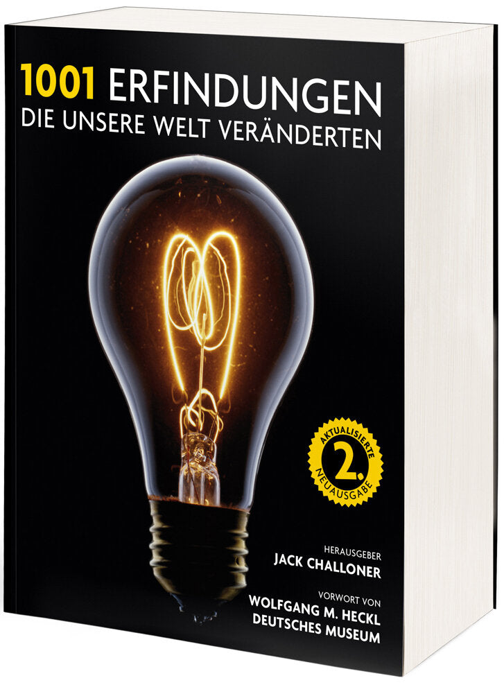 Buchcover mit Glühbirne, Titel "1001 Erfindungen", Untertitel "Die unsere Welt veränderten", Herausgeber Jack Challoner, gelbe Bad