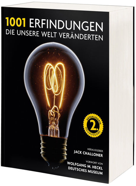 Buchcover mit Glühbirne, Titel "1001 Erfindungen", Untertitel "Die unsere Welt veränderten", Herausgeber Jack Challoner, gelbe Bad