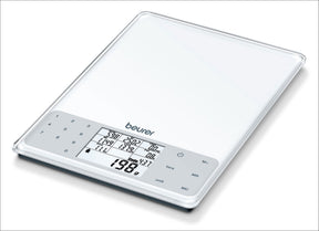 Weiße Küchenwaage mit digitalem Display, zeigt 198 g an.