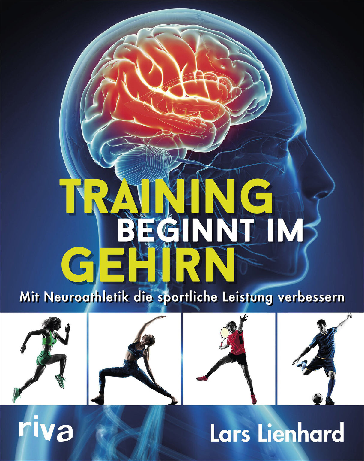 Illustration eines menschlichen Kopfes mit hervorgehobenem Gehirn, darunter vier Sportler in Bewegung.