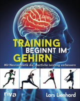 Illustration eines menschlichen Kopfes mit hervorgehobenem Gehirn, darunter vier Sportler in Bewegung.