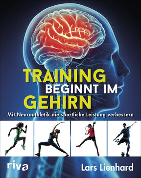 Illustration eines menschlichen Kopfes mit hervorgehobenem Gehirn, darunter vier Sportler in Bewegung.