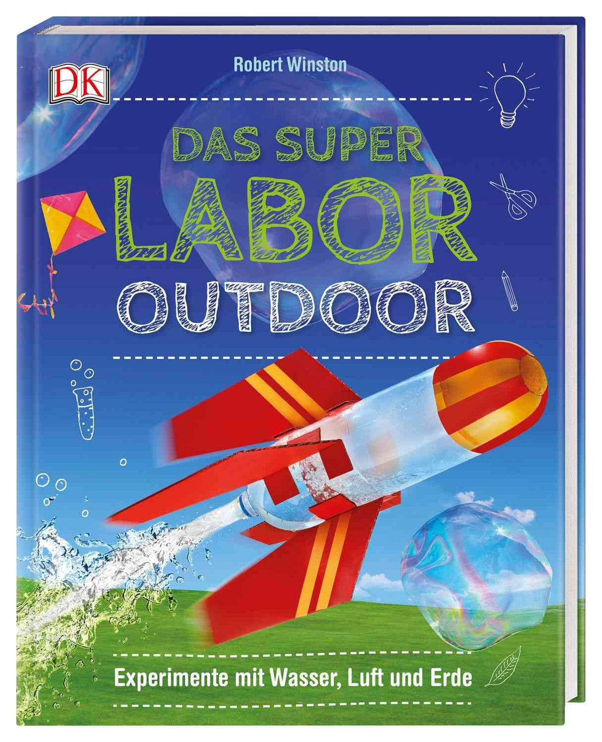 Buchcover mit Rakete, Wasserblase, Wasser, Luft, Erde und bunten Elementen, Titel: "Das Super Labor Outdoor"