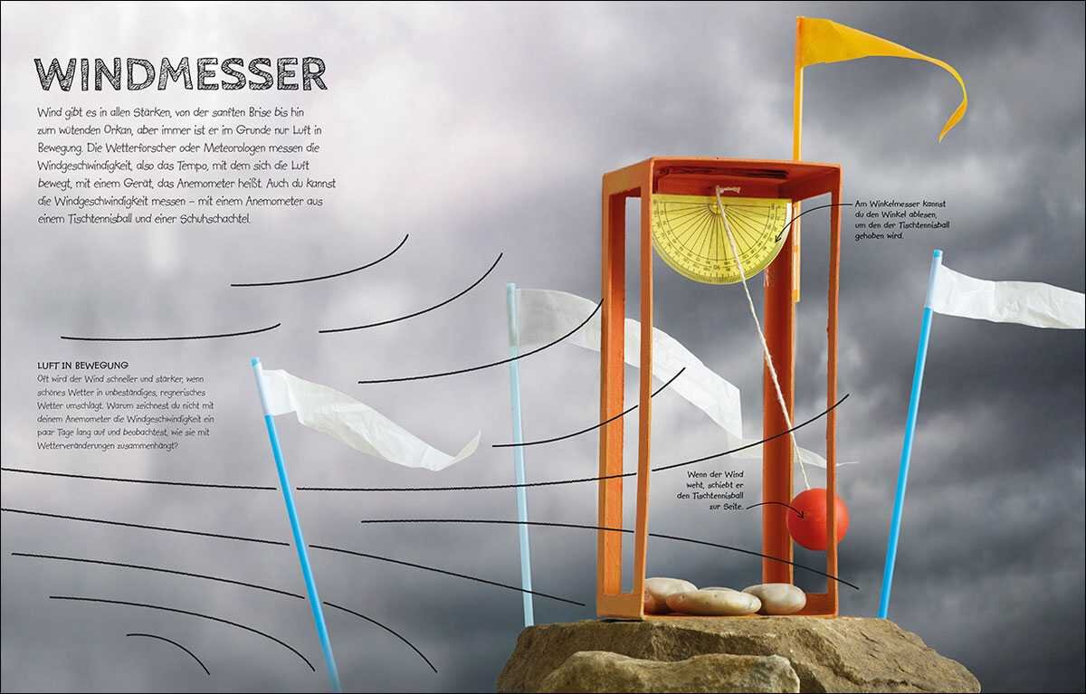 Windmesser mit Windfahne, Anemometer, Tischtennisball, Flaggen, Wolkenhimmel, Felsen.