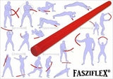 Illustration mit verschiedenen Übungen für Faszien mit rotem Faszienstab, zeigt Bewegungs- und Dehnübungen.