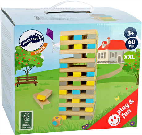 Kastanienbaum, Holzturm mit bunten Steinen, Spielwürfel, Haus im Hintergrund, für Kinder ab 3 Jahren, 60 Teile.