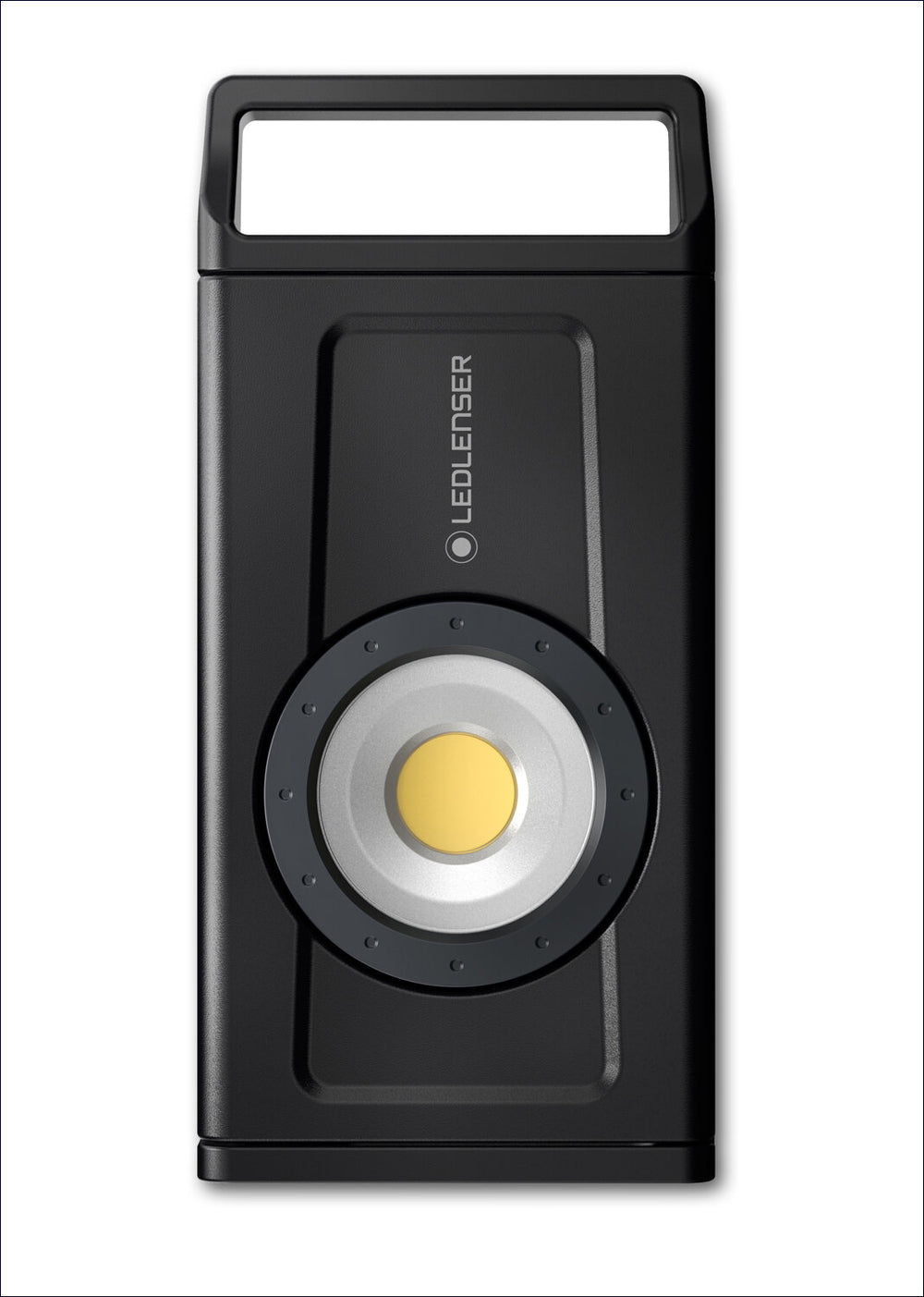 Schwarze LED-Taschenlampe mit rechteckigem Griff und runder Lichtquelle.