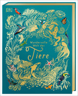 Buchcover mit goldenen Tier-Illustrationen und Fotos von Vögeln, einem Koala, einem Fisch, einem Insekt und einer Muschel.