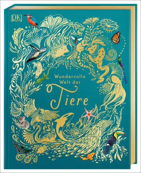 Buchcover mit goldenen Tier-Illustrationen und Fotos von Vögeln, einem Koala, einem Fisch, einem Insekt und einer Muschel.