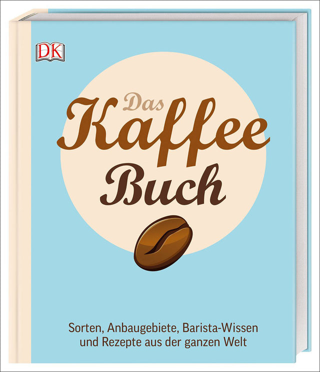Buchcover mit blauer Hintergrund, Titel "Das Kaffee Buch" und Kaffeebohne im Zentrum.