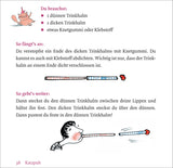 Anleitung zum Blasen eines Trinkhalms mit Bildern, Texten und einer Person, die einen Trinkhalm bläst.