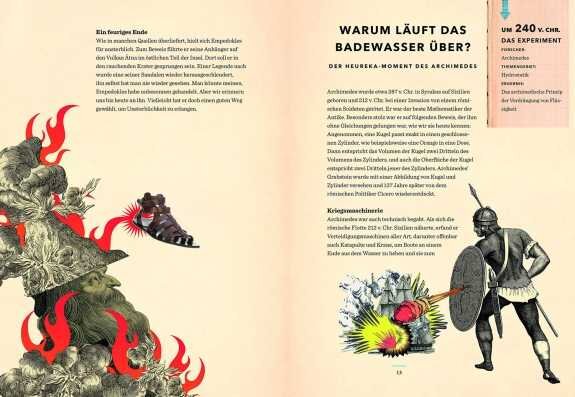 Seite mit Text über das Badewasser, Illustration eines Soldaten mit Schild und Speer, Explosion mit Feuer und Rauch.