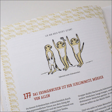 Illustration von drei Erdmännchen, Text: "Ich hab doch nichts getan!"