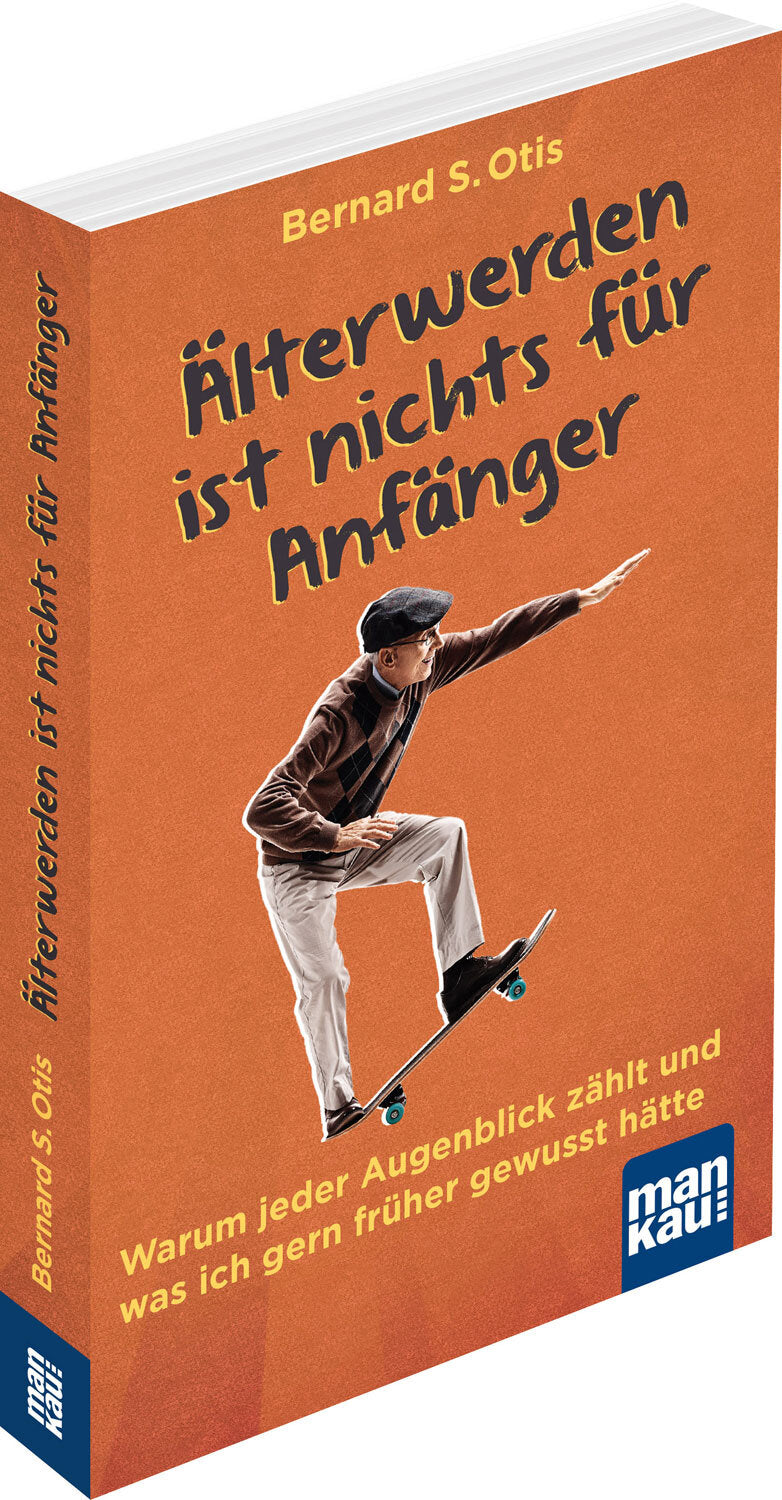 Buchcover mit einem Mann auf einem Skateboard, der nach vorne greift, orange Hintergrund, gelbe und schwarze Schrift