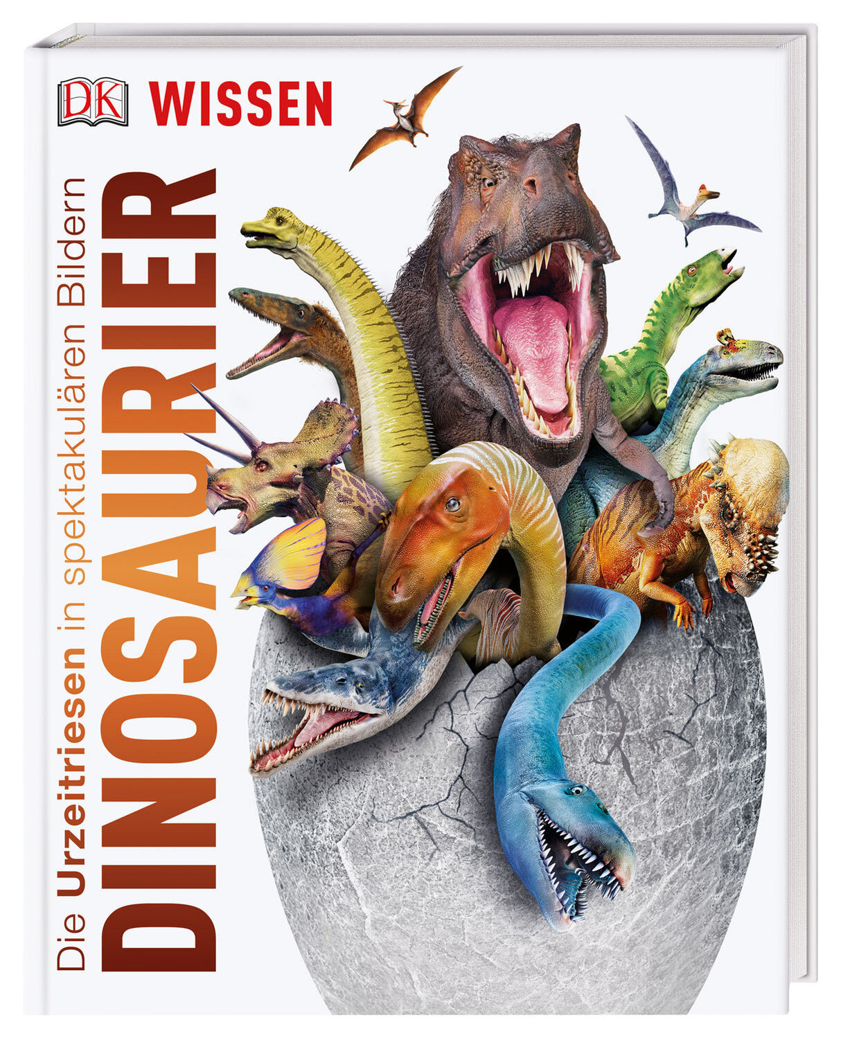 Buchcover mit Dinosauriern, die aus einem großen, zerbrochenen Ei hervorkriechen.