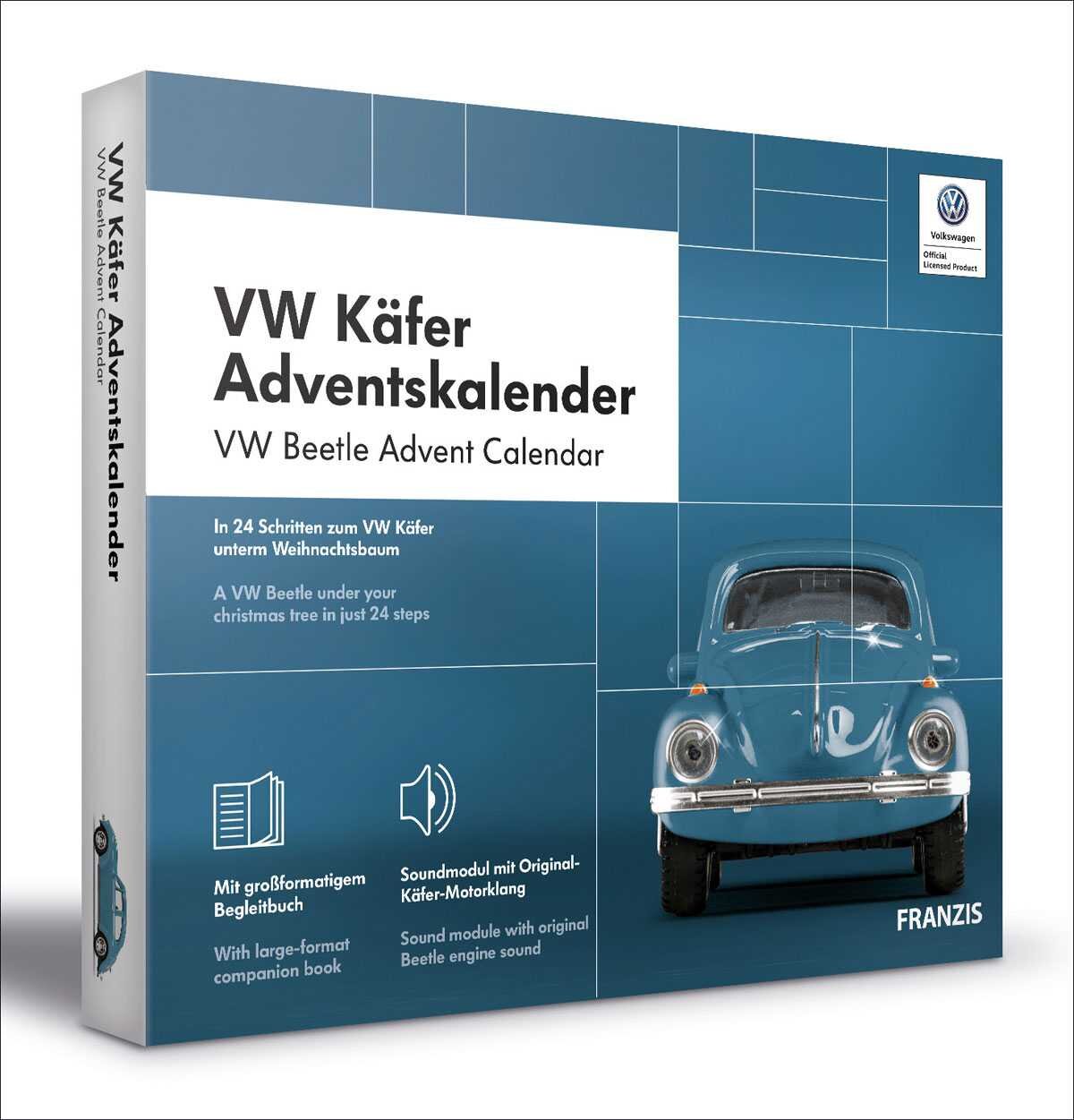 Buchcover eines VW Käfer Adventskalenders mit Bild eines blauen VW Käfers und Text in Deutsch und Englisch.